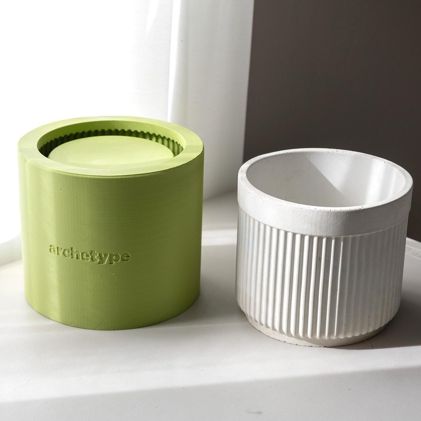 6 inch Cylindrical Fluted Planter Silicone Mold with Casting Frame